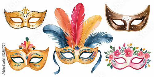 Watercolor Carnival Masks Festive Feathers Flowers Elegant Designs