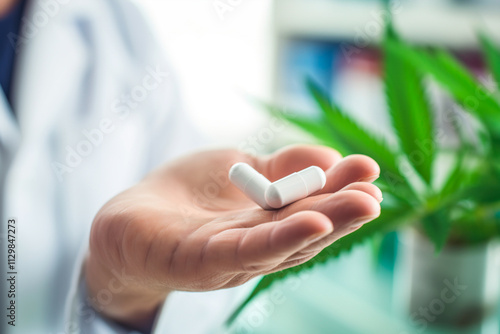 Close-up of a hand holding a bottle of cannabis-derived medicine in a laboratory. photo