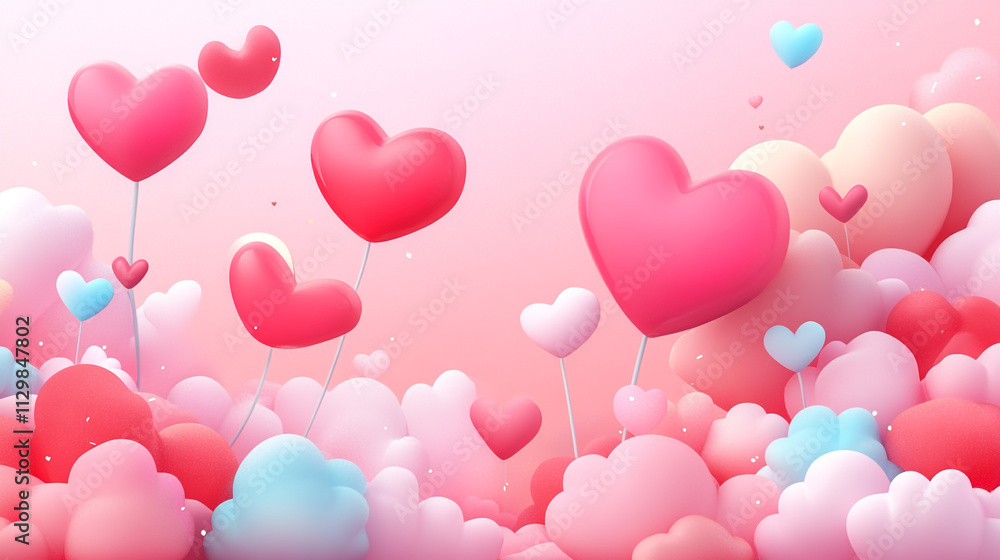 Colorful heart-shaped balloons float above soft clouds on Valentine's Day Colorful heart-shaped balloons float above soft clouds on Valentine's Day