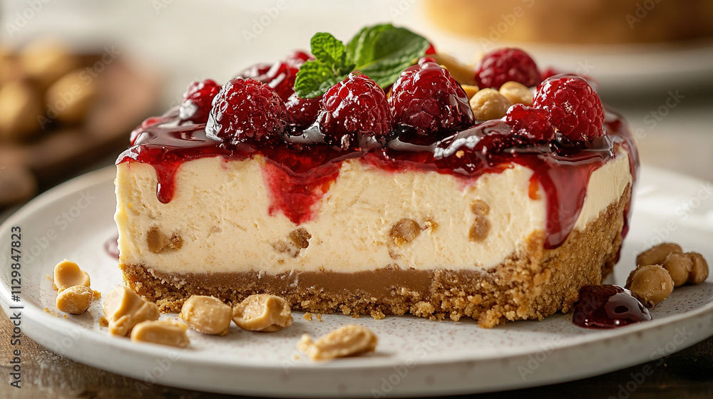 Slice of peanut butter jelly pie with berries on top Slice of peanut butter jelly pie with berries on top