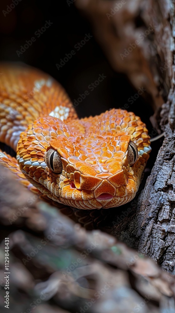 Fototapeta premium Orange-hued viper camouflaged in tree bark