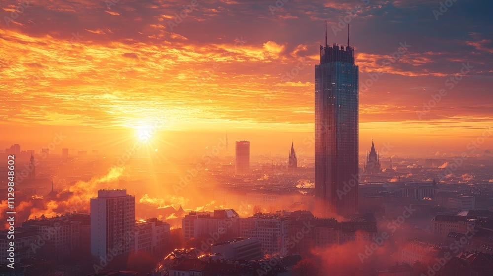 Obraz premium a photo of an elegant high-rise office building, background: wien city skyline, beautiful sunrise and rays, sun glare, azure and orange