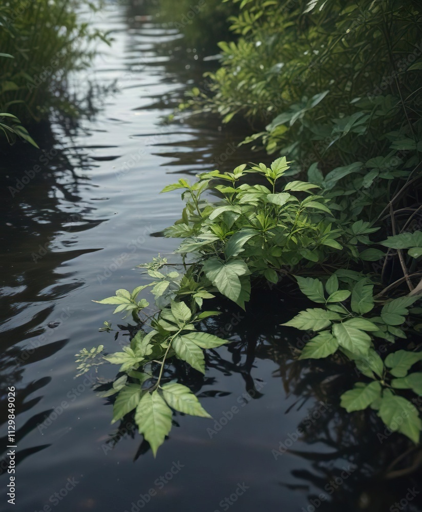 Alligator weed's leaves and stems tangled in a waterway, invasive species, vegetation Alligator weed's leaves and stems tangled in a waterway, invasive species, vegetation