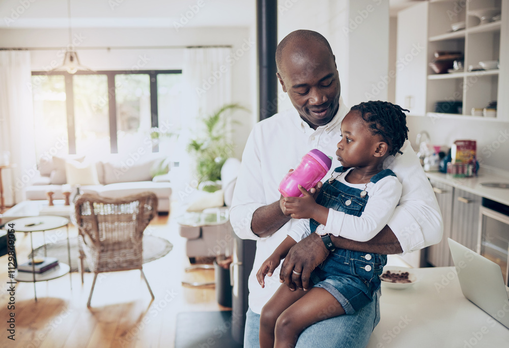 Black family, father and child a bottle in home for nutrition, hungry or healthy development. People, man or girl kid in kitchen with milk for calcium, fiber and bonding together with support or love Black family, father and child a bottle in home for nutrition, hungry or healthy development. People, man or girl kid in kitchen with milk for calcium, fiber and bonding together with support or love