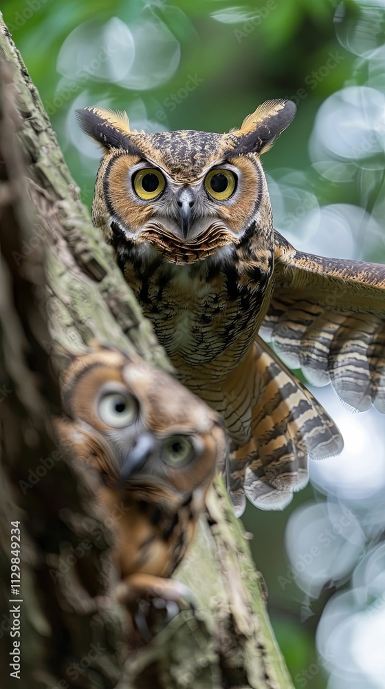 Obraz premium Owls perched on a tree, one in flight