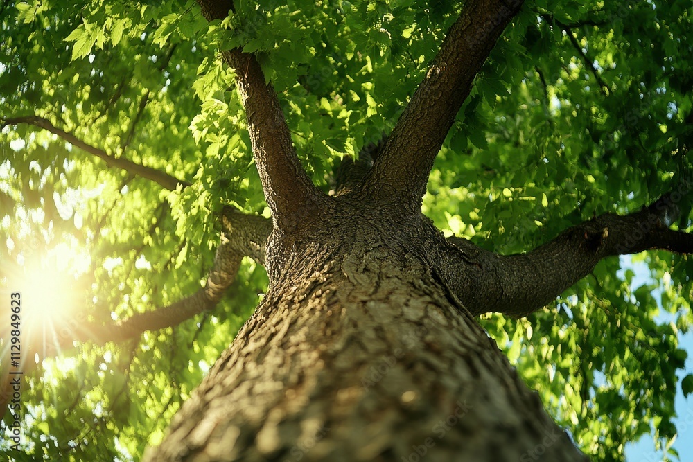 Naklejka premium Majestic View of a Tall Tree Reaching Towards the Bright Blue Sky with Sunlight Filtering Through the Lush Green Leaves Creating a Serene Natural Atmosphere