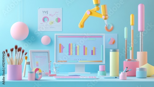 Pastel Colored Desk with a Robot Arm and Data Charts