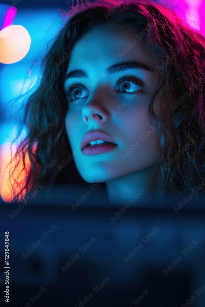 Portrait of a young woman illuminated by neon lights while looking at a screen Portrait of a young woman illuminated by neon lights while looking at a screen