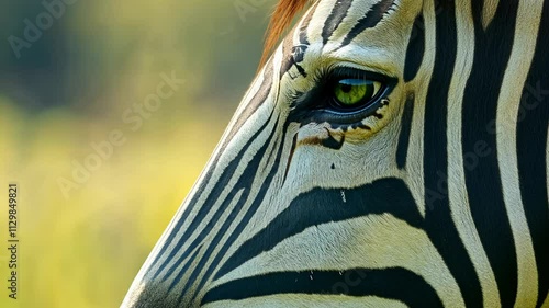 Close-up of zebra with detailed stripe pattern and green eye, safari photography concept