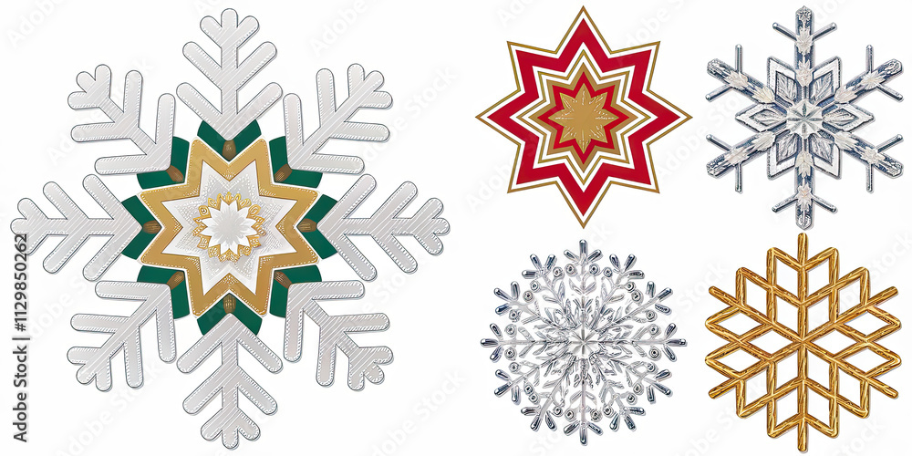 Festive Silver Gold Red Snowflakes Stars Christmas Holiday Decorations Festive Silver Gold Red Snowflakes Stars Christmas Holiday Decorations