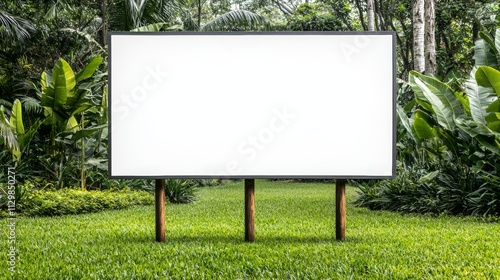 Blank billboard in lush green jungle nature scene outdoor advertising space tranquil environment creative potential exploration photo