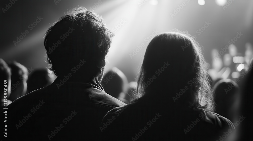 A medium close-up of concertgoers from behind, their heads and shoulders lit by vibrant light beams in a fog-filled arena, conveying a sense of unity and anticipation A medium close-up of concertgoers from behind, their heads and shoulders lit by vibrant light beams in a fog-filled arena, conveying a sense of unity and anticipation