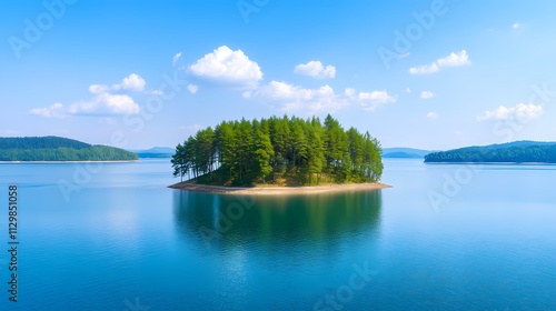Fototapeta Naklejka Na Ścianę i Meble -  Serene island in a calm lake under a blue sky.