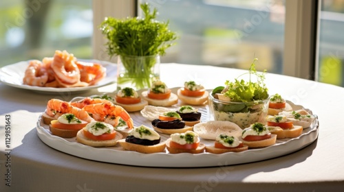 Upscale catering for a formal event: modern tapas including olive tapenade crostinis, smoked salmon and cream cheese roulades, and gourmet stuffed mushrooms, presented on an elegant glass serving tray photo