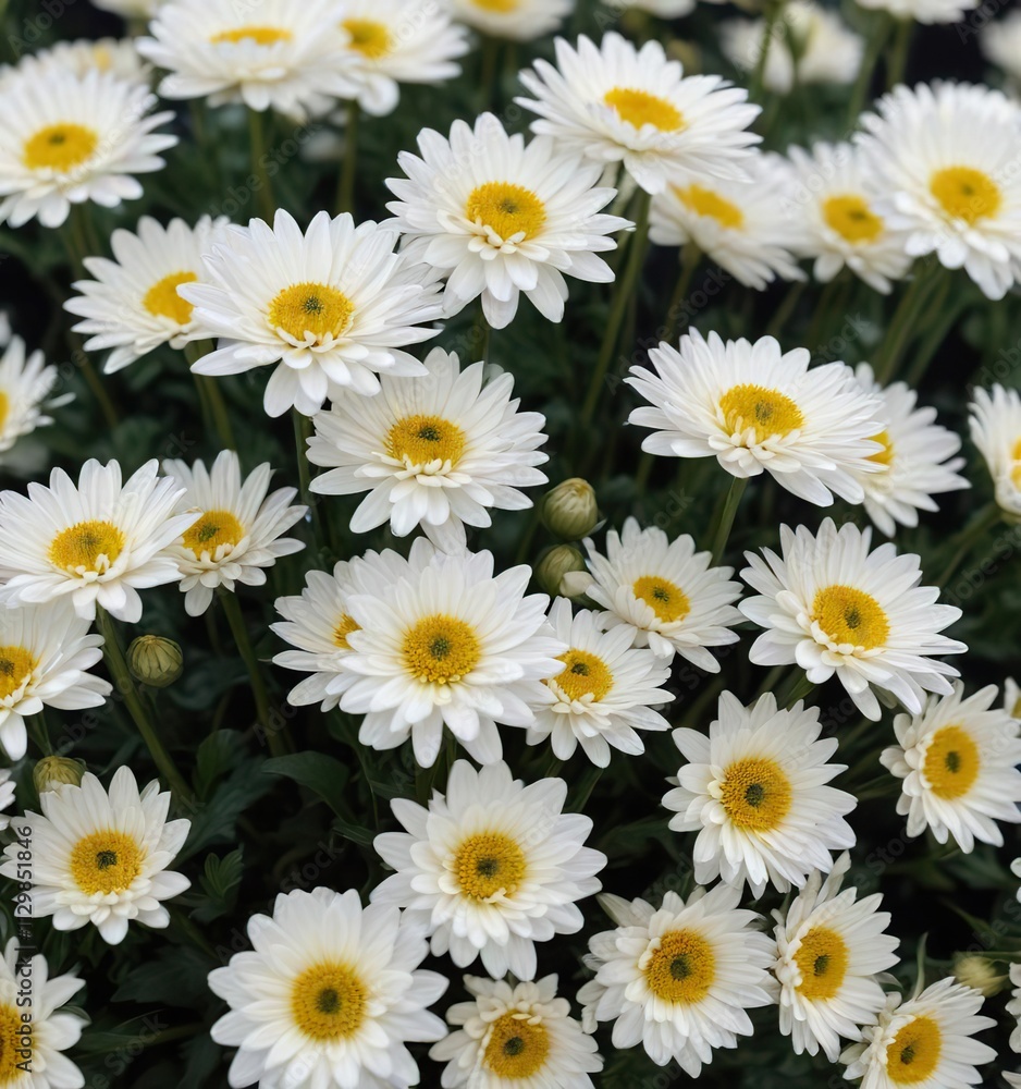 Dense cluster of unopened white chrysanthemum buds against stark black , gardening, detail Dense cluster of unopened white chrysanthemum buds against stark black , gardening, detail