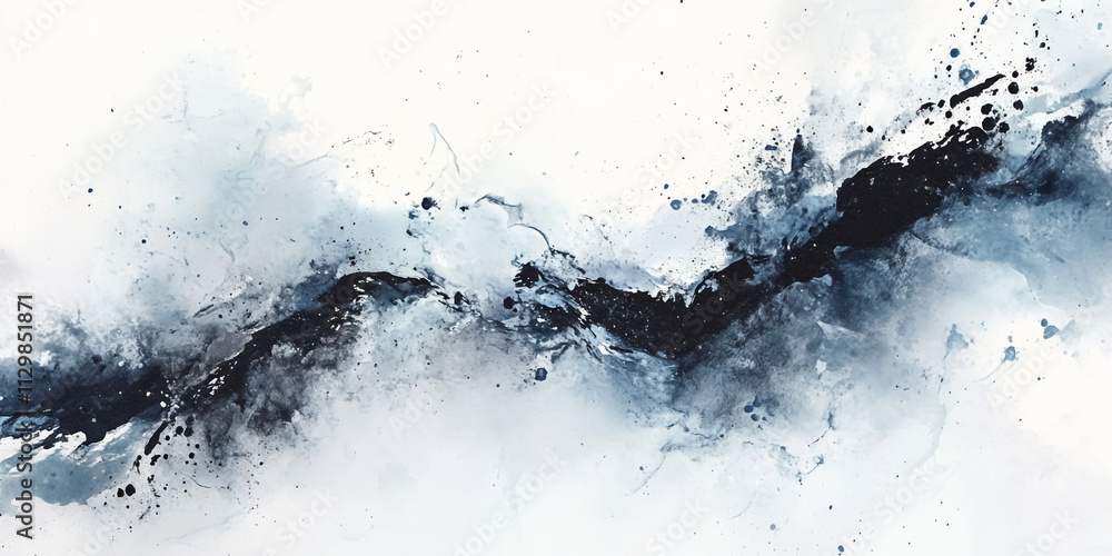 Serene abstract watercolor landscape with fluid black ink shapes on a white background. Serene abstract watercolor landscape with fluid black ink shapes on a white background.