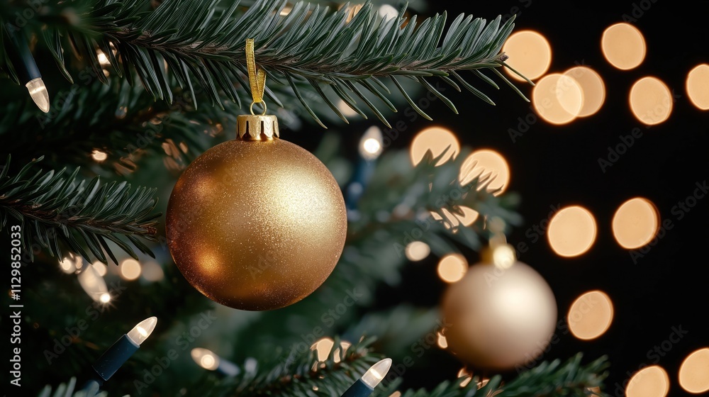 Close-up golden Christmas ornament hanging on Christmas tree branch. Twinkling holiday lights create soft bokeh background. Festive holiday decor in studio setting. Close-up golden Christmas ornament hanging on Christmas tree branch. Twinkling holiday lights create soft bokeh background. Festive holiday decor in studio setting.