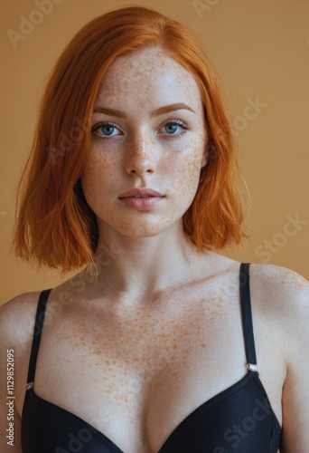portrait of a beautiful woman with freckles redheaded model blue eyes with bra looking at camera