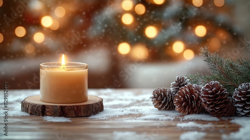 Wooden table top displays candle with snow. Warm living room decor with blurred Christmas tree lights creates wintery holiday scene. Snowy backdrop ideal for advertising product displays. Christmas photo