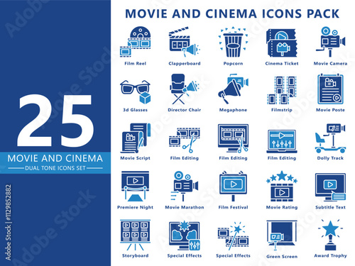 Movie and cinema dual tone icon set, contain clapperboard, script, award, camera, rating, film editing and more. vector EPS 10. use for print, UI, UX movie and cinema theme, app and web development.
