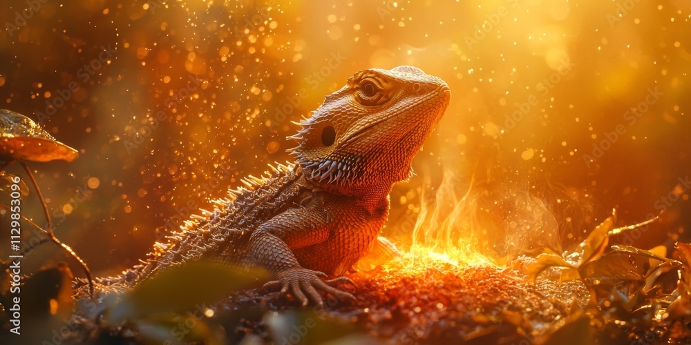 Bearded Dragon Basking in Golden Sunlight Fiery Terrarium Background Bearded Dragon Basking in Golden Sunlight Fiery Terrarium Background