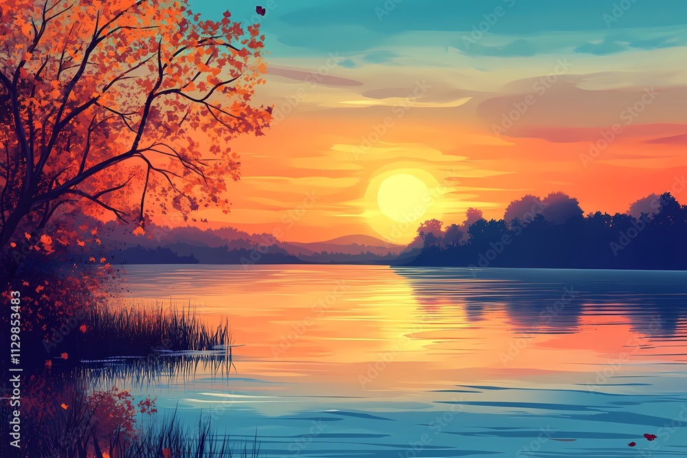 Autumn Sunset over Serene Lake: A picturesque landscape painting of a tranquil lake reflecting a vibrant sunset, with an autumnal tree in the foreground. Autumn Sunset over Serene Lake: A picturesque landscape painting of a tranquil lake reflecting a vibrant sunset, with an autumnal tree in the foreground.