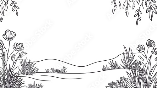 Line art illustration of a serene landscape with flowers, grass, and hills.
