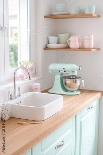 Pastel Kitchen Featuring Sink and Stand Mixer