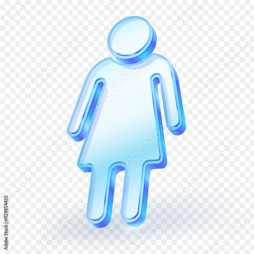 Woman sign icon blue crystal glass material. Symbol for toilet, fitting room , bathroom with reflection isolated on white background. 3D vector illustration.