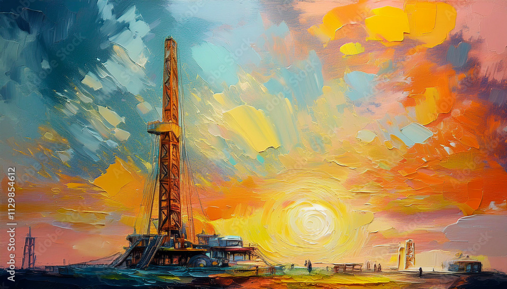 Vibrant Sunset Over Oil Rig