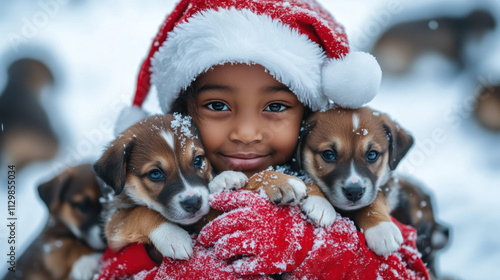 African girl wearing Santa Claus costume playing with puppies on the snow