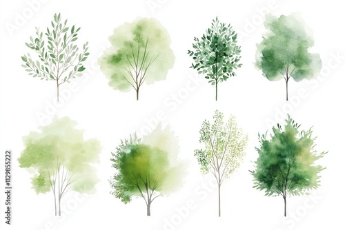 Set of stylized watercolor treetops isolated on white background. Ideal for landscape plan, architecture layout. Different tree shapes, sizes. Soft green hues. Suitable for eco-friendly design photo