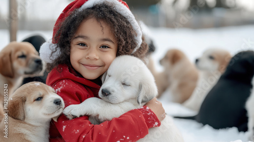 Afro girl wearing Santa Claus costume playing with puppies on the snow