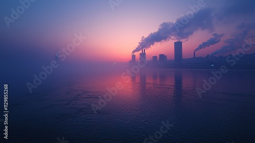 Serene Bohai Bay at dawn with Tianjin's skyline peeking through the morning mist  photo