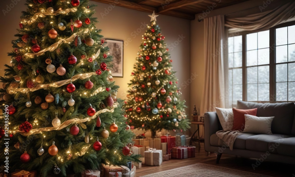 Ornaments and garlands decorate a stunning Christmas tree with a rustic charm, berries, vintage Ornaments and garlands decorate a stunning Christmas tree with a rustic charm, berries, vintage