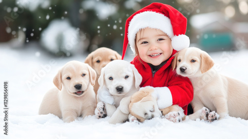 Australian girl wearing Santa Claus costume playing with puppies on the snow photo