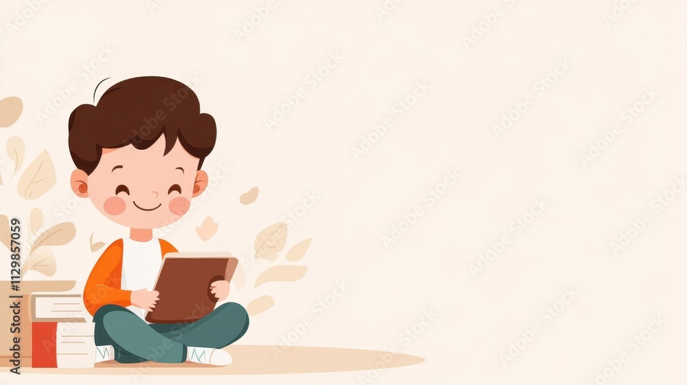 Cheerful Young Boy Sitting and Reading on a Light Background Cheerful Young Boy Sitting and Reading on a Light Background