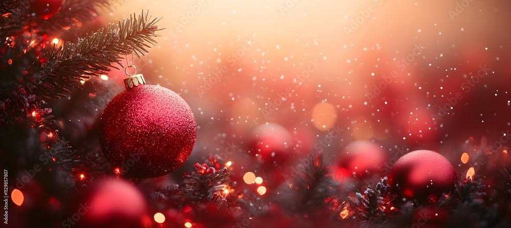 Christmas Tree In Red Shiny Glittering Background - Baubles Hanging On Fir With Abstract Lights,
Christmas Tree In Red Shiny Glittering Background - Baubles Hanging On Fir With Abstract Lights,