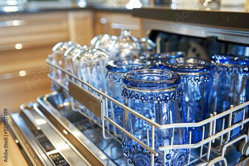 Spotlessly clean dishes organized in a modern dishwasher inside a stylish contemporary kitchen photo