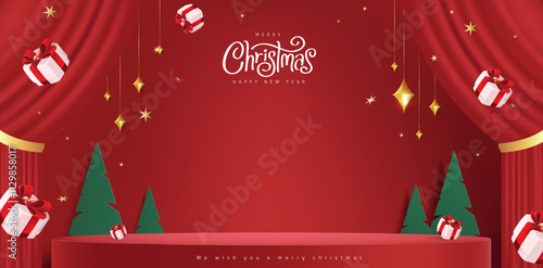 Merry Christmas banner with stage product display cylindrical shape and festive decoration for christmas