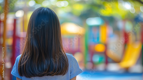 woman stands with her back to the camera, symbolizing introspection and solitude. The blurred playground in the background reflects themes of childhood, nostalgia, and personal reflection