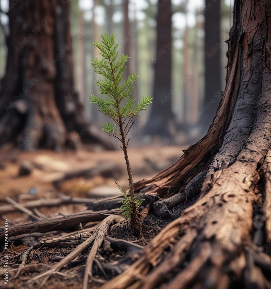 small pine seedling sprouting through burnt tree trunks, forest after fire, plant life thrives, natural regeneration small pine seedling sprouting through burnt tree trunks, forest after fire, plant life thrives, natural regeneration