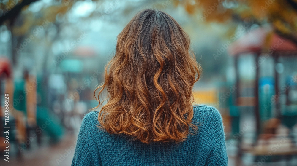 woman stands with her back to the camera, symbolizing introspection and solitude. The blurred playground in the background reflects themes of childhood, nostalgia, and personal reflection woman stands with her back to the camera, symbolizing introspection and solitude. The blurred playground in the background reflects themes of childhood, nostalgia, and personal reflection