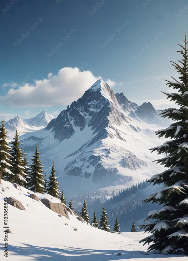 Snowy Mountain Range with a Tall Christmas Tree in the Background, frosty air, tall christmas tree Snowy Mountain Range with a Tall Christmas Tree in the Background, frosty air, tall christmas tree
