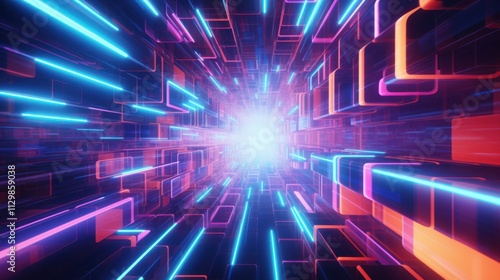 A nostalgic 90â€™s-style abstract animation, where neon-colored grids and wireframe shapes pulse and rotate in sync with an upbeat rhythm, with retro hues like neon orange, teal, and purple creating a photo