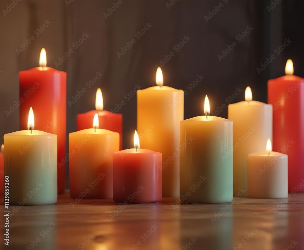 Soft light emanating from a collection of pillar candles, , tranquil atmosphere Soft light emanating from a collection of pillar candles, , tranquil atmosphere