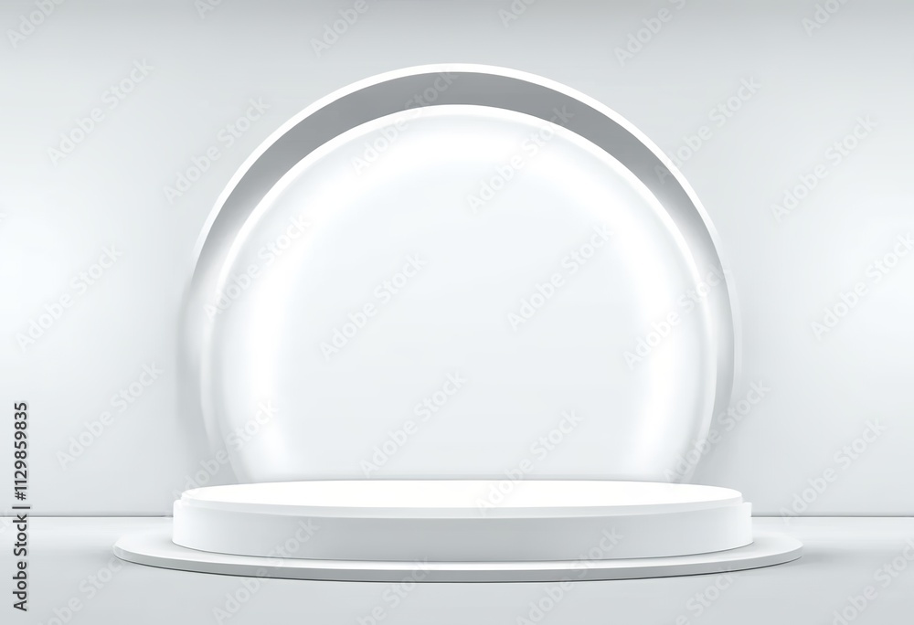 Contemporary platform pedestal with a stylish podium stand placed in a white room, empty product shelf or blank exhibition backdrop. 3D visualization. Created with generative AI technology Contemporary platform pedestal with a stylish podium stand placed in a white room, empty product shelf or blank exhibition backdrop. 3D visualization. Created with generative AI technology