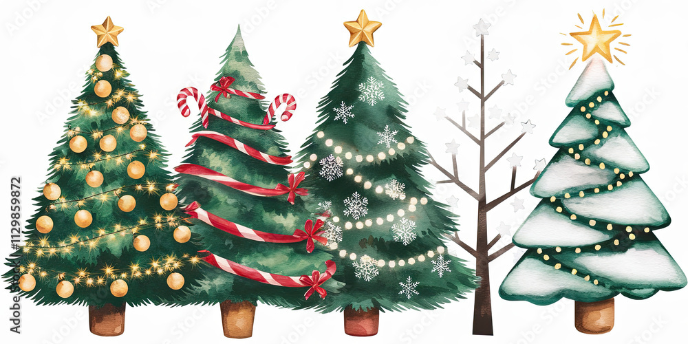 Naklejka premium Watercolor Christmas Trees Festive Holiday Decor Winter Wonderland Illustration