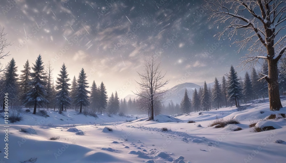 Sparkling snowflakes falling from the sky in a winter landscape, movement, snowflake, sky Sparkling snowflakes falling from the sky in a winter landscape, movement, snowflake, sky