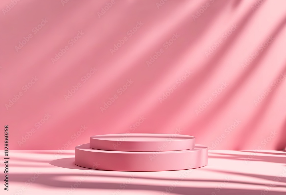 Empty pink background and sunlight casting shadows, showcasing an empty podium platform for product presentation. 3D visualization. Created with generative AI technology Empty pink background and sunlight casting shadows, showcasing an empty podium platform for product presentation. 3D visualization. Created with generative AI technology